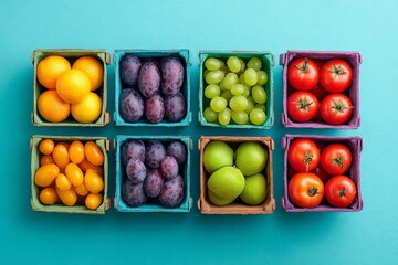 Poster - Fresh fruit assortment displayed in colorful containers on a vibrant turquoise background