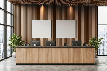 Poster - Modern office reception desk with two blank posters on wood slat wall, ideal for corporate branding, interior mockups, and office space presentations