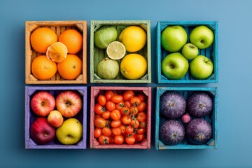 Aufkleber - Colorful arrangement of fresh fruits in wooden crates on a blue background