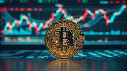 Poster - Bitcoin stands prominently in front of a computer screen displaying cryptocurrency market trends and price fluctuations