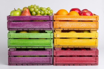 Aufkleber - Colorful wooden crates filled with fresh fruits including apples, oranges, and grapes arranged in vibrant stacks