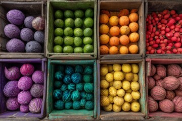 Poster - Colorful display of fresh fruits and vegetables in wooden crates at a local market during the daytime