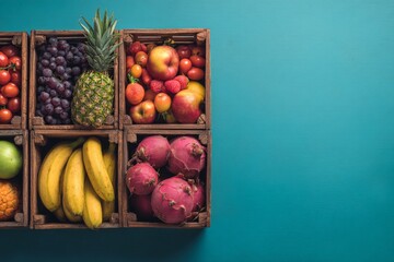 Poster - Freshly arranged fruits in wooden boxes on a vibrant blue surface for a colorful display in a grocery setting