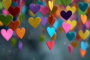 Aufkleber - Colorful heart decorations hanging against a blurred background create a festive atmosphere