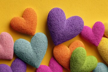 Poster - Colorful heart-shaped sponges arranged on a vibrant yellow background create a playful and cheerful display for arts and crafts
