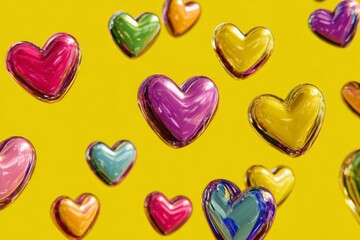 Aufkleber - Colorful hearts floating against a bright yellow background create a vibrant and cheerful atmosphere filled with joy and love
