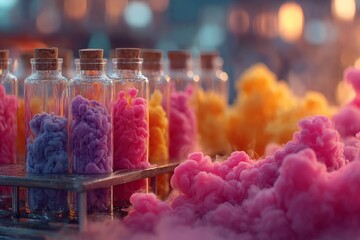 Poster - Colorful smoke-filled bottles display in a vibrant market during sunset, showcasing a blend of creativity and artistry