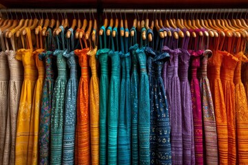 Poster - Colorful traditional dresses hanging neatly in a vibrant boutique showcasing cultural fashion