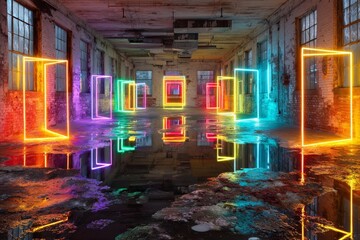Aufkleber - Colorful neon door frames illuminate an abandoned warehouse reflecting on puddles at dusk