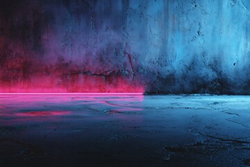 Aufkleber - Colorful neon lights illuminate a textured wall with a reflective surface in a dim environment at night