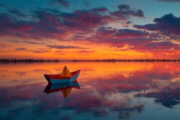 Poster - Colorful paper boat floats on a calm lake at sunset reflecting vibrant hues in the sky and water