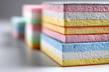 Poster - Colorful layers of confectionery stacked on a clean surface, showcasing vibrant hues and textures