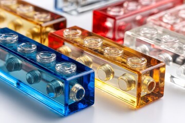 Poster - Colorful transparent building blocks arranged on a surface showcasing creativity and design possibilities