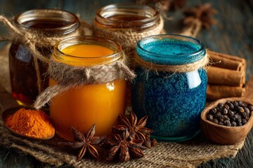Poster - Colorful jars filled with spices and syrups on a rustic wooden table create a vibrant display of flavors and aromas