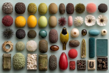 Aufkleber - Diverse collection of textures and shapes arranged artfully on a light background showcasing natural and synthetic materials