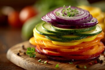 Poster - Colorful layered vegetable stack prepared on a wooden board in a kitchen during daylight hours