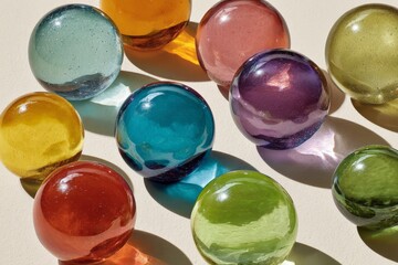 Poster - Colorful glass marbles arranged on a light surface, showcasing an array of vibrant hues and reflections at midday