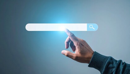 Poster - Hand reaching for a glowing search bar symbolizing digital exploration and online search results in a modern setting