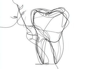 Poster - Abstract line art depicting a tooth intertwined with a plant in minimalist style
