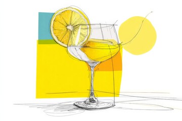 Poster - Refreshing cocktail served in a stylish glass with lemon garnish against abstract colorful background