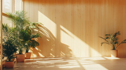 Aufkleber - Interior wall of a well lit modern building, with light plywood paneling and muted color palette, natural lighting, daylight, 3D Illustration