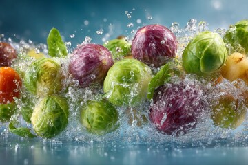 Poster - Fresh vegetables splashing in water with droplets catching the light in a vibrant display of colors