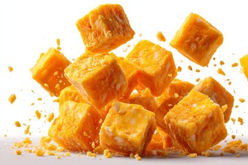 Poster - Yellow cheese cubes in mid-air with scattered crumbs showcasing a dynamic culinary display