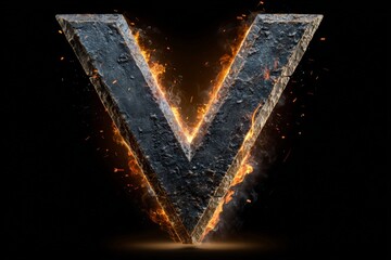 Poster - V-shaped metallic sculpture with flames and glowing effects displayed in a dark setting for dramatic impact