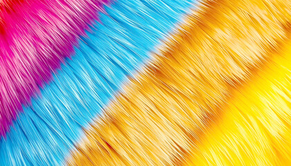 Poster - Vibrant diagonal stripes of pink, blue, orange, and yellow synthetic fur create a soft, textured abstract background with a playful, energetic feel