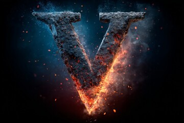 Aufkleber - Bold letter V illuminated with fire and smoke creates a dramatic visual effect