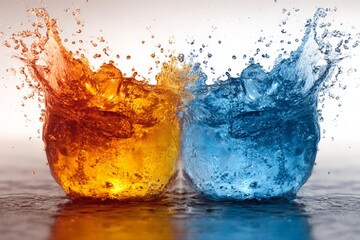 Aufkleber - Droplets collide in vibrant orange and blue splash at sunset creating a mesmerizing water display
