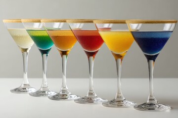Aufkleber - Colorful mocktail drinks arranged in a row with unique flavors and decorative rims on a light background