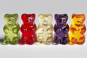 Poster - Colorful gummy bears aligned in a row showcasing their vibrant hues and playful shapes