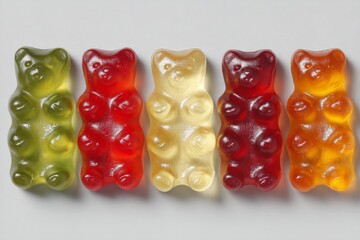 Poster - Colorful gummy bears arranged in a row on a white surface showcasing their jelly-like texture and vibrant hues