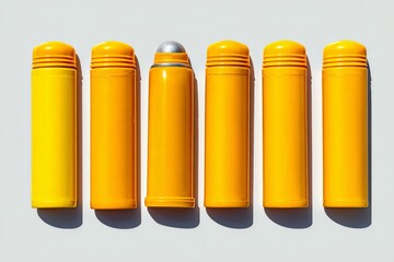 Poster - Row of vibrant yellow containers arranged neatly on a flat surface in a bright setting