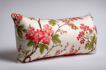 Aufkleber - Decorative pillow with floral pattern featuring pink flowers and green leaves placed on a light background