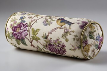 Poster - Decorative floral bolster pillow featuring intricate bird and flower designs on neutral fabric background