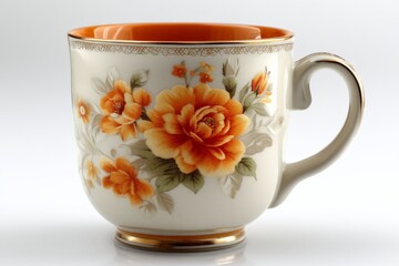 Aufkleber - Elegant porcelain mug with floral design in warm orange hues on display against a neutral background
