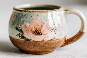 Poster - Ceramic mug with floral design on table captured in natural light during morning hours