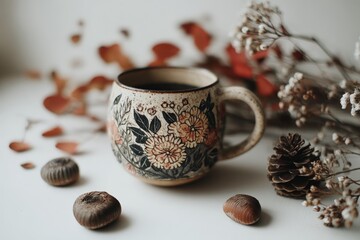 Poster - Warm autumn coffee in a floral mug surrounded by fallen leaves and natural elements on a serene table setting