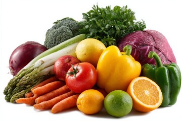 Poster - Fresh vegetables and fruits arranged in a colorful display on a white background highlighting nutrition and healthy eating habits