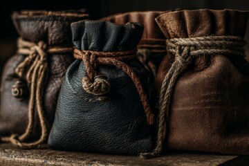 Poster - Unique leather pouches displayed on a rustic wooden surface in a dimly lit environment