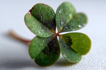 Poster - Close-up view of a clover leaf with water droplets showcasing its intricate details in natural light