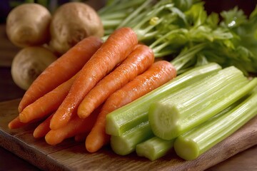 Poster - Fresh carrots and celery displayed on a wooden cutting board with potatoes in a kitchen setting
