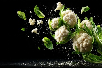 Poster - Cauliflower burst with leaves and flying florets against a black background creates a striking visual display
