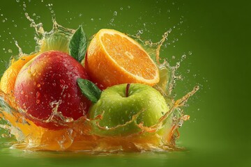 Aufkleber - fresh fruits splash in vibrant colors on a green background with water droplets during a sunny day