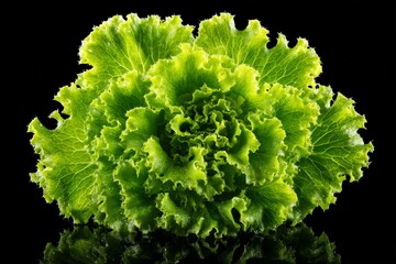 Poster - Fresh green lettuce showcasing vibrant textures and colors against a black background in a studio setting