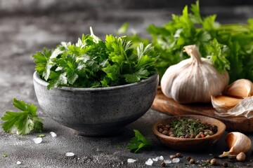 Poster - Fresh cilantro and garlic on a kitchen countertop with spices in preparation for cooking