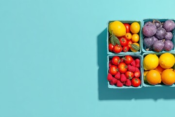 Poster - Colorful display of fresh fruits in blue containers against a vibrant background in a market setting