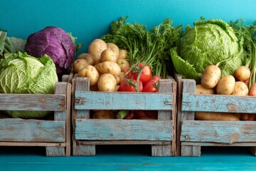 Aufkleber - Freshly harvested vegetables arranged in rustic wooden crates against a vibrant turquoise background
